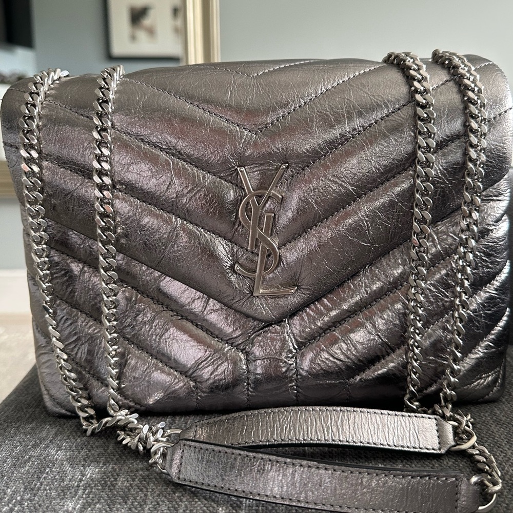 YSL silver crinkle leather shoulder/crossbody bag